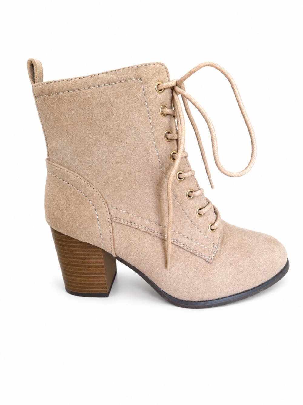 Beige Suede Lace-Up Block Heel Ankle Boots